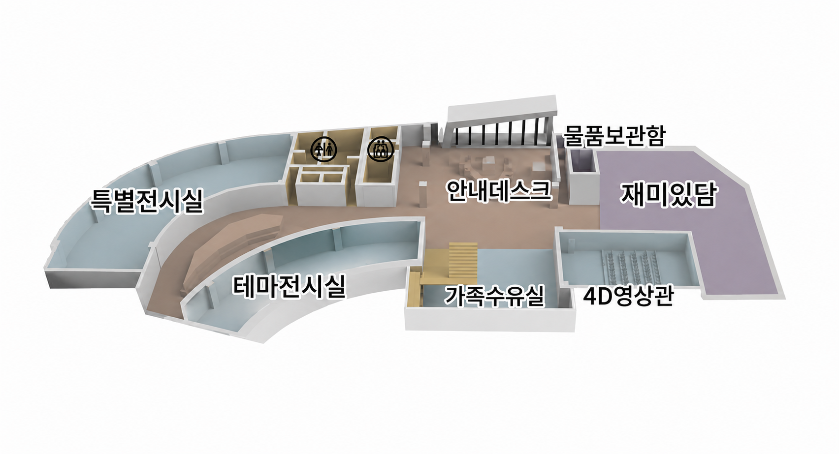 미생물전시실, 바닷고기의 행진, 재루의 자연놀이터, 생태계의 젖줄, 낙동강, 안내데스크, 4D영상관, 의무실, 수유실, 물품보관함