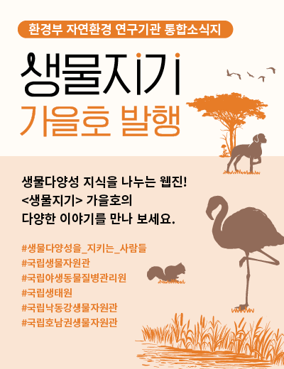 환경부 자연환경 연구기관 통합소식지 생물지기 가을호 발행 생물다양성 지식을 나누는 웹진! <생물지기> 가을호의 다양한 이야기를 만나보세요.