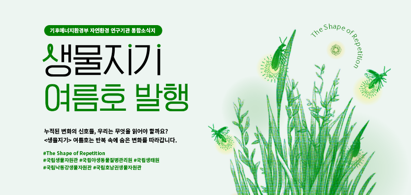 기후에너지환경부 자연환경 연구기관 동합소식지
생물지기 여름호 발행 누적된 변화의 신호들, 우리는 무엇을 읽어야 할까요? <생믈지기> 여틈호는 반복 속에 숨은 변화를 따라갑니다.
#The Shape of Repetition
#국립생물자원관 #국립야생동물질병관리원 #국립생태원
#국립낙동강생물자원관 #국립호남권생물자원관
