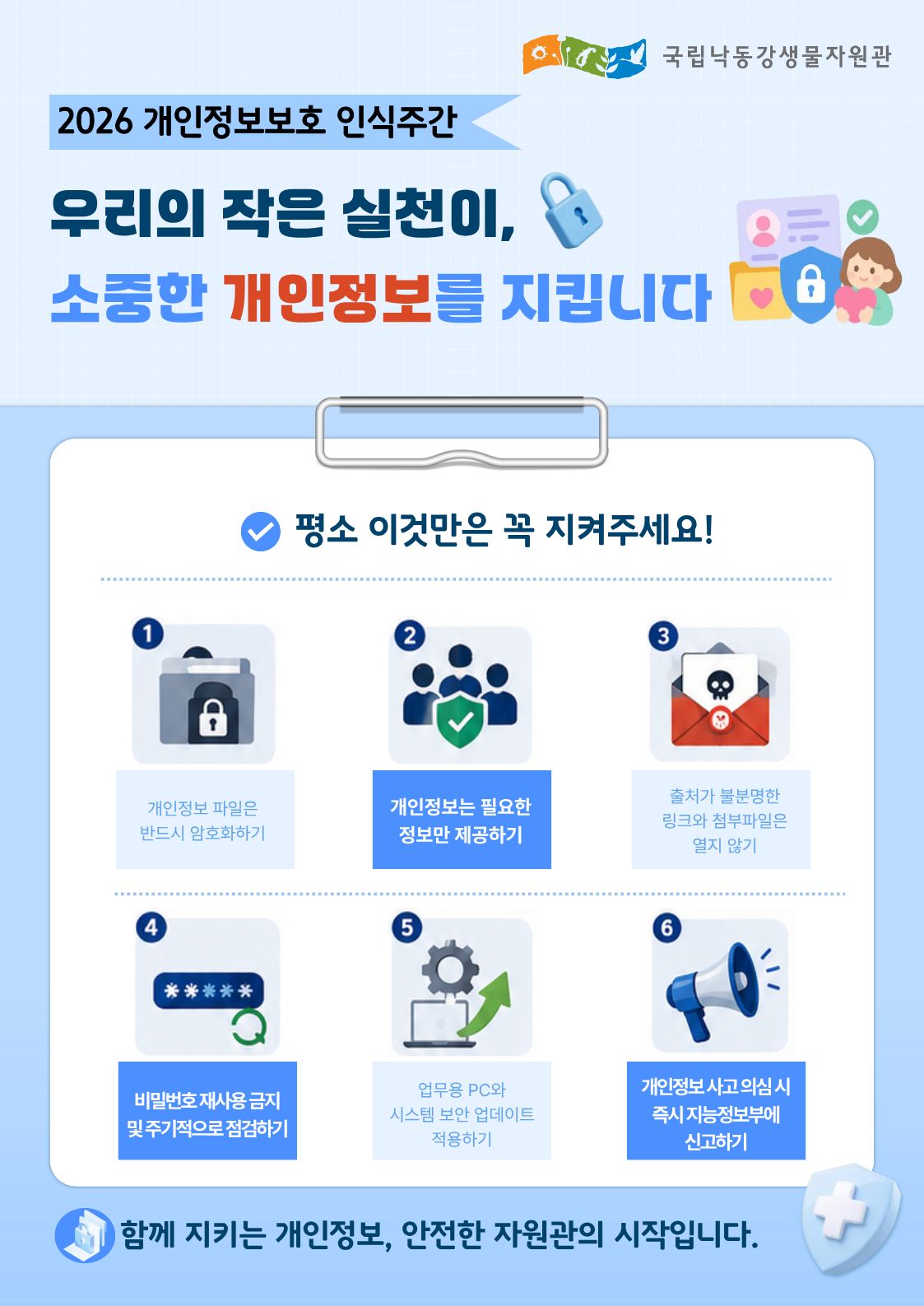 2026년 개인정보 보호 인식주간 우리의 작은 실천이 소중한 개인정보를 지킵니다 평소 이것만은 꼭 지켜주세요 개인정보 파일은 반드시 암호화하기 개인정보는 필요한 정보만 제공하기 출처가 불분명한 링크와 첨부파일은 열지 않기 비밀번호 재사용 금지 및 주기적으로 점검하기 업무용 pc와 시스템 보안 업데이트 적용하기 개인정보 사고 의심 시 즉시 지능정보부에 신고하기 함께 지키는 개인정보 안전한 자원관의 시작입니다