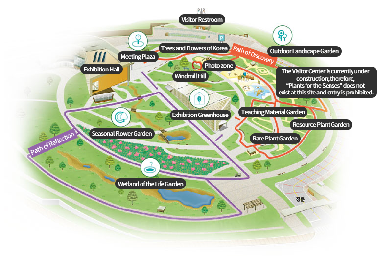 Visitor Restroom, Outdoor Landscape Garden, The Visitor Center is currently under construction; therefore, Plants for the Senses does not exist at this site and entry is prohibited. Teaching Material Garden, Resource Plant Garden, Rare Plant Garden, Trees and Flowers of Korea, Photo zone, Windmill Hill, Exhibition Greenhouse, Meeting Plaza, Exhibition Hall, Seasonal Flower Garden, Wetland of the Life Garden, Path of Reflection, Path of Discovery