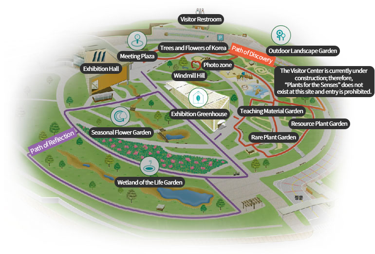 Visitor Restroom, Outdoor Landscape Garden, The Visitor Center is currently under construction; therefore, Plants for the Senses does not exist at this site and entry is prohibited. Teaching Material Garden, Resource Plant Garden, Rare Plant Garden, Trees and Flowers of Korea, Photo zone, Windmill Hill, Exhibition Greenhouse, Meeting Plaza, Exhibition Hall, Seasonal Flower Garden, Wetland of the Life Garden, Path of Reflection, Path of Discovery