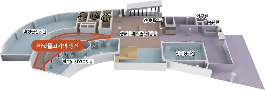 미생물전시실, 바닷고기의 행진, 재루의 자연놀이터, 생태계의 젖줄, 낙동강, 안내데스크, 전시청각실, 의무실, 수유실