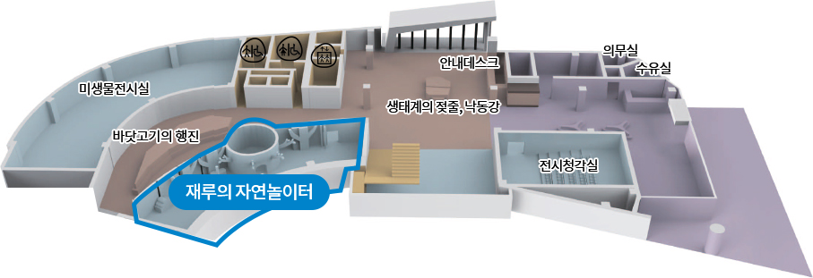 미생물전시실, 바닷고기의 행진, 재루의 자연놀이터, 생태계의 젖줄, 낙동강, 안내데스크, 전시청각실, 의무실, 수유실